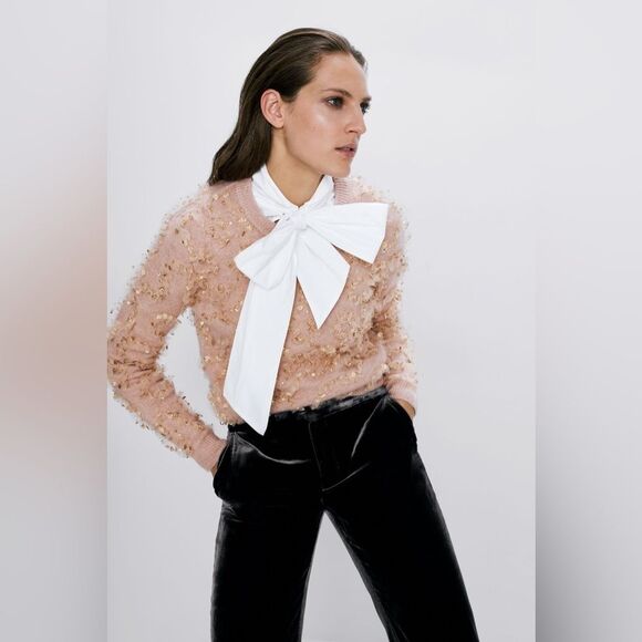 ZARA Pink Ruffled Glitter Sweater - S - Picture 3 of 8